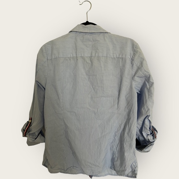Tommy Hilfiger Shirt Blouse Women's L 3/4 Sleeve LOGO Blue Stripes‎ EXCELLENT ✅ - Picture 2 of 3